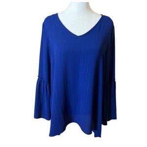 Quintessential Blouse V-Neck Royal Blue M Bell Sleeve Sparkle Sheer Women’s Top